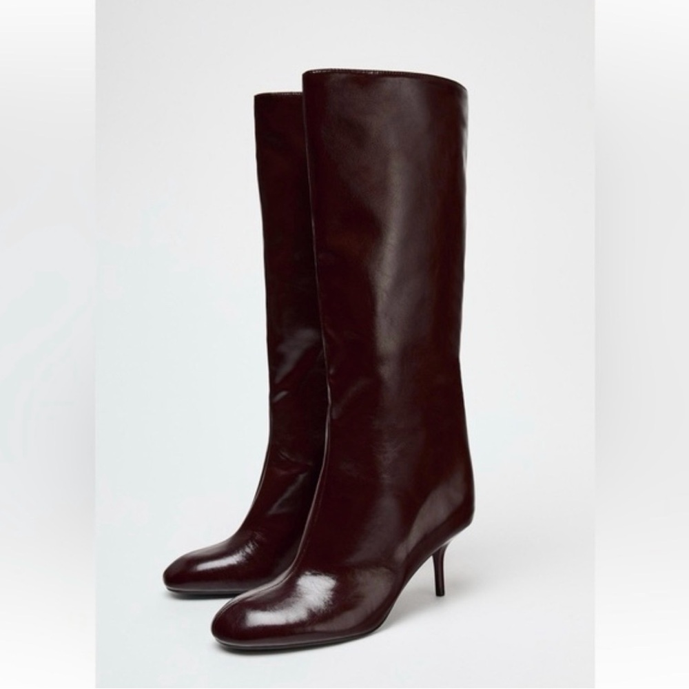 Zara Elegant Burgundy Leather Knee-High Boots Size 41 11